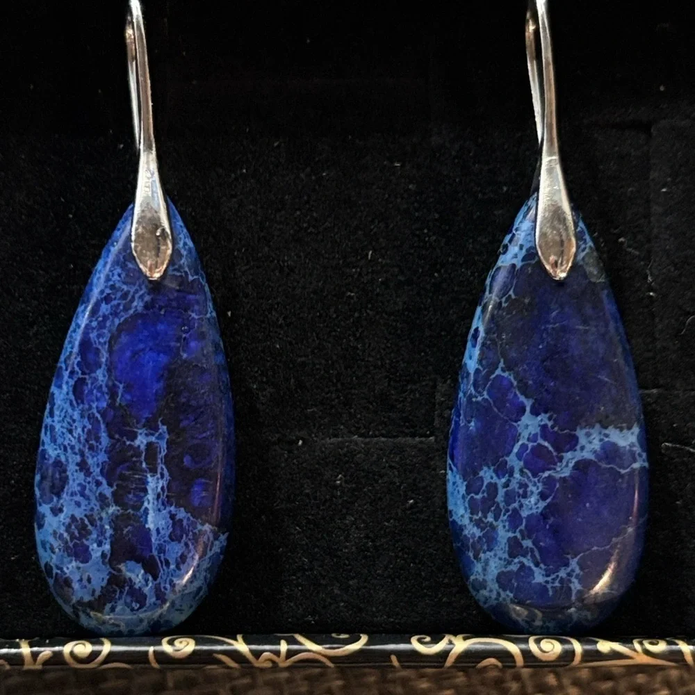 Blue Jasper Natural Gemstone Pendant Teardrop Earrings Silver Handmade Healing